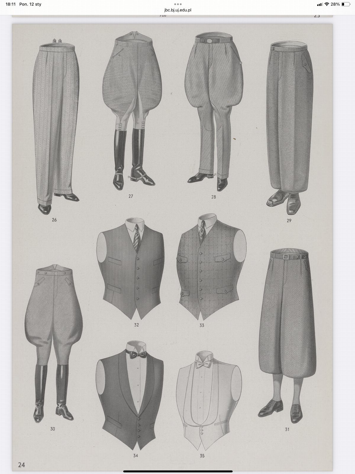Vintage illustration plate displaying various historical men's trousers and waistcoats in black and white.