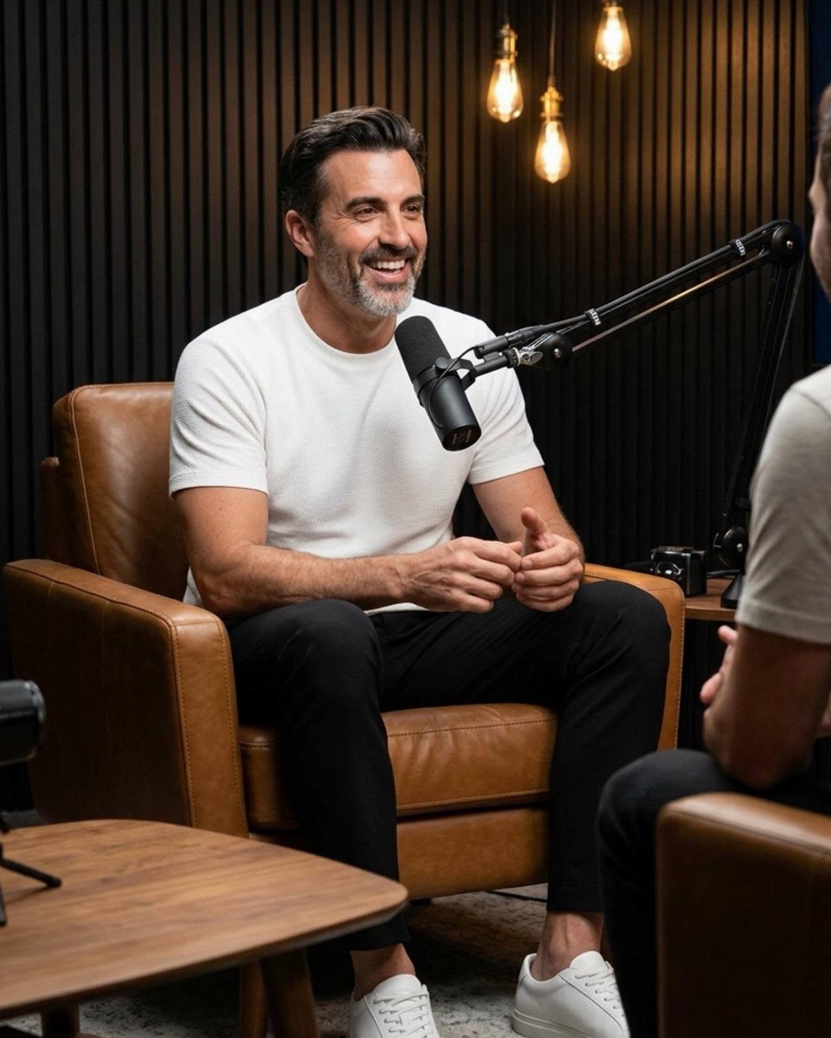 A smiling man in a white t-shirt sits in a leather chair speaking into a podcast microphone.