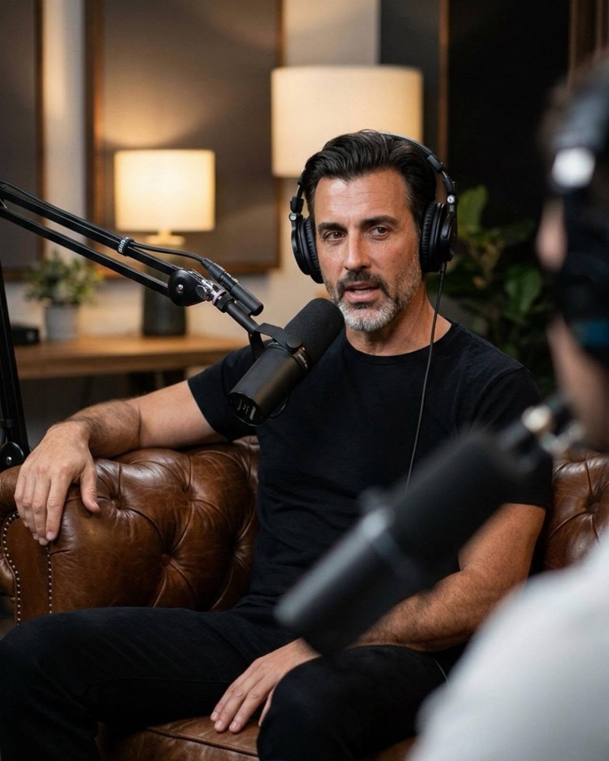 A man wearing headphones speaks into a microphone while sitting on a leather sofa.