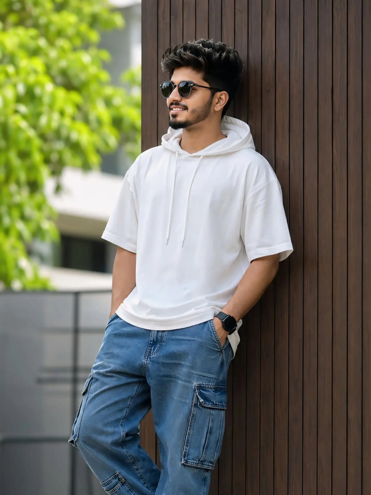 A young man in a white hoodie and blue cargo pants leaning against a wooden wall.