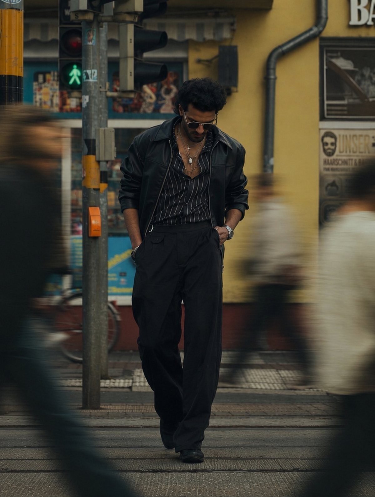 Man in black leather jacket and wide trousers walking through a city street with hands in pockets.