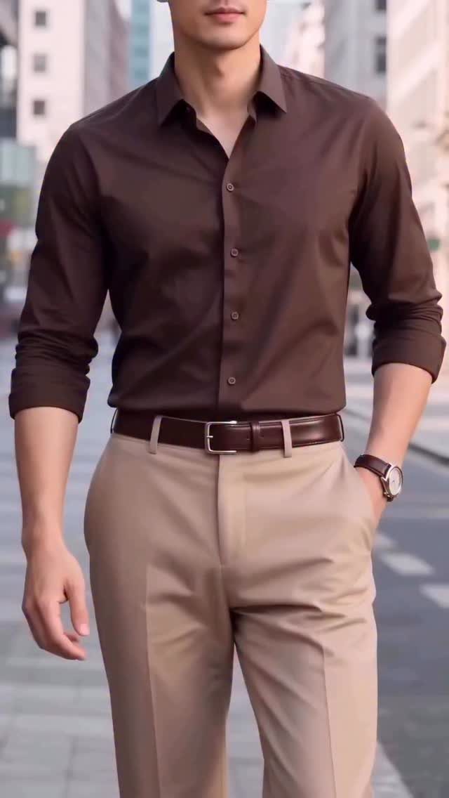 A man wearing a brown button-down shirt and tan khaki trousers standing on a city street.