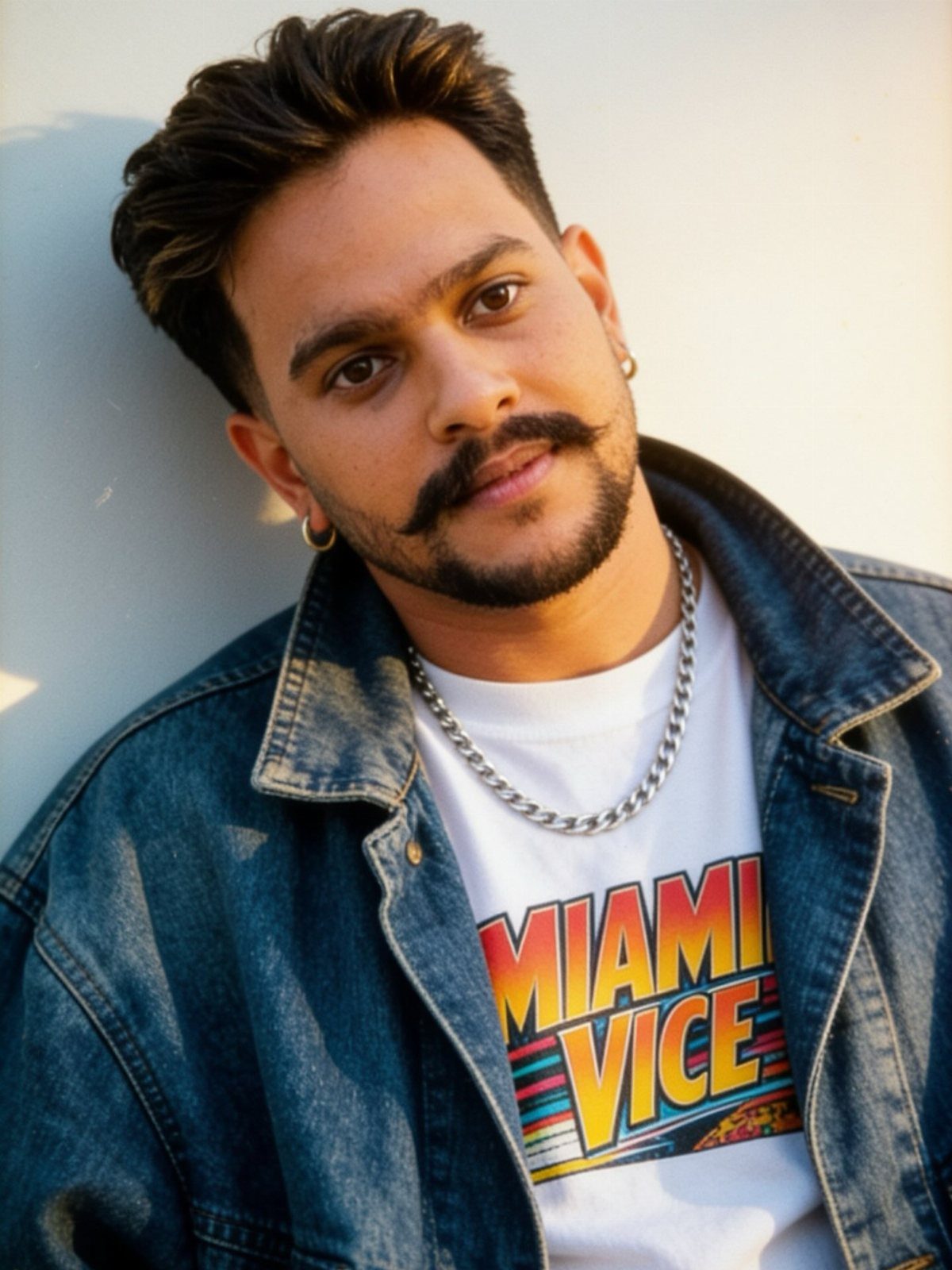 Man with a mustache wearing a denim jacket over a white Miami Vice graphic T-shirt.