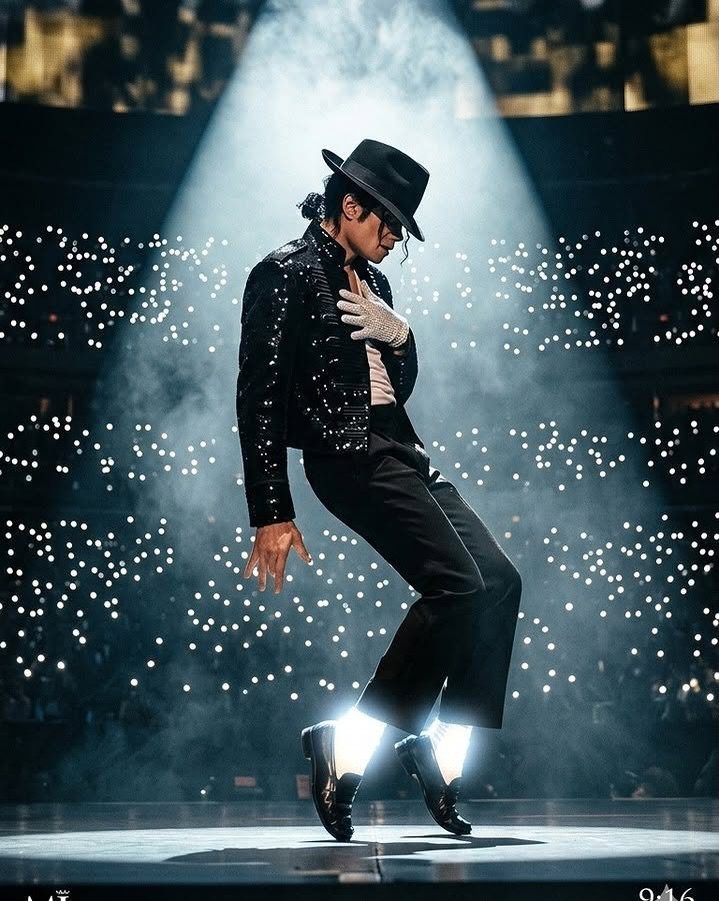 Michael Jackson in a sequined jacket and fedora dancing under a bright stage spotlight.