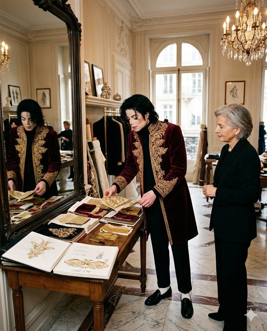 Michael Jackson examines gold-embroidered velvet garments in a luxurious room with an elegant woman.
