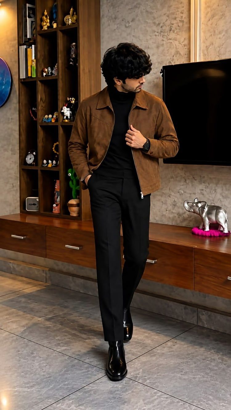 Man posing in a brown suede jacket, black turtleneck, black trousers, and black boots.