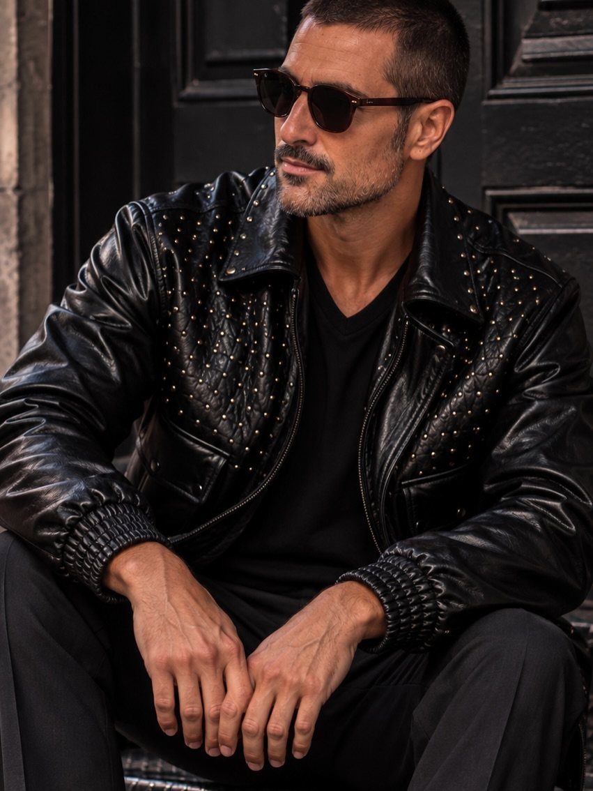 Man in a studded black leather jacket and sunglasses sitting against a dark door.