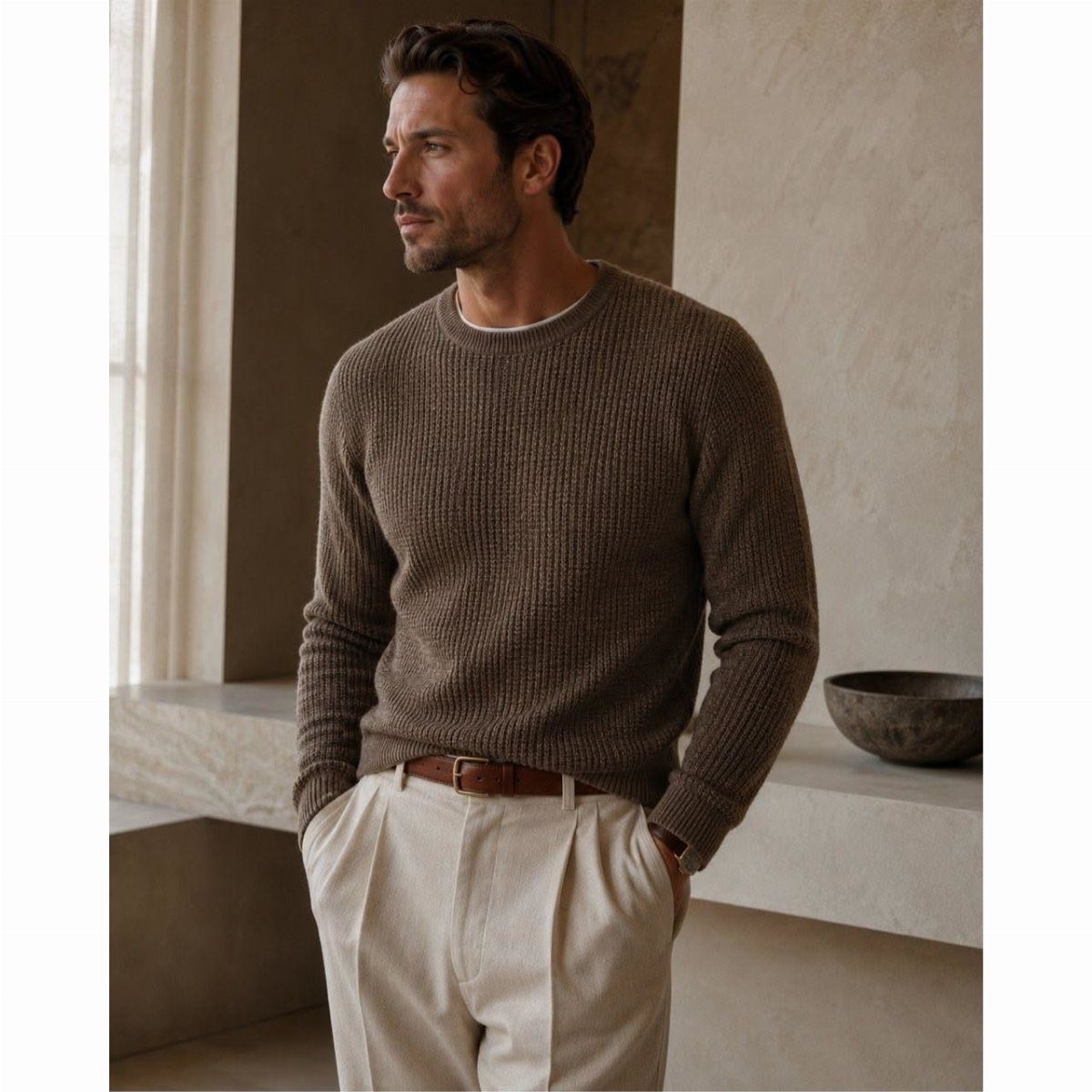 A man wearing a brown ribbed knit sweater and cream trousers standing against a neutral wall.