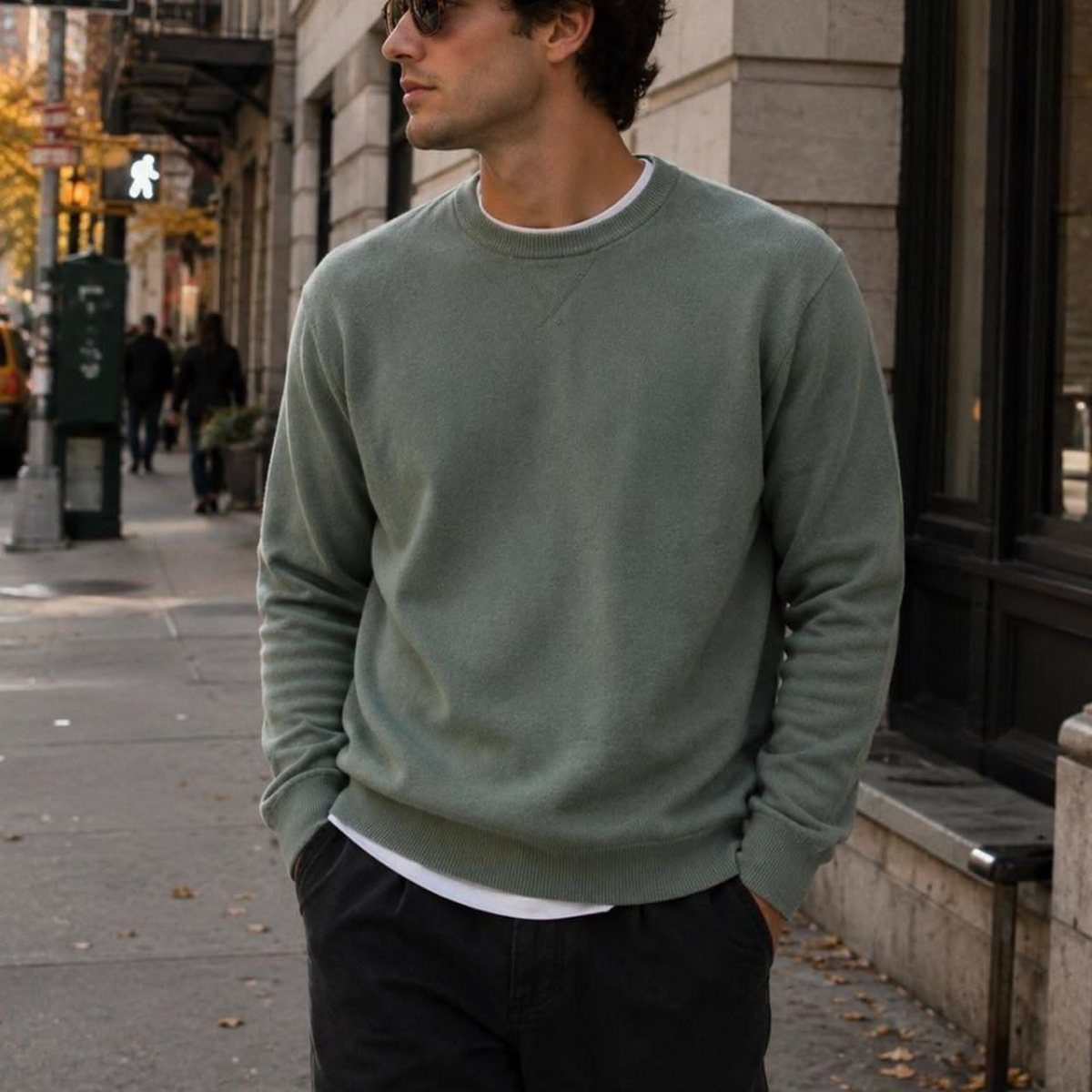 A man wearing a minimalist sage green crewneck sweatshirt and black trousers on a city street.