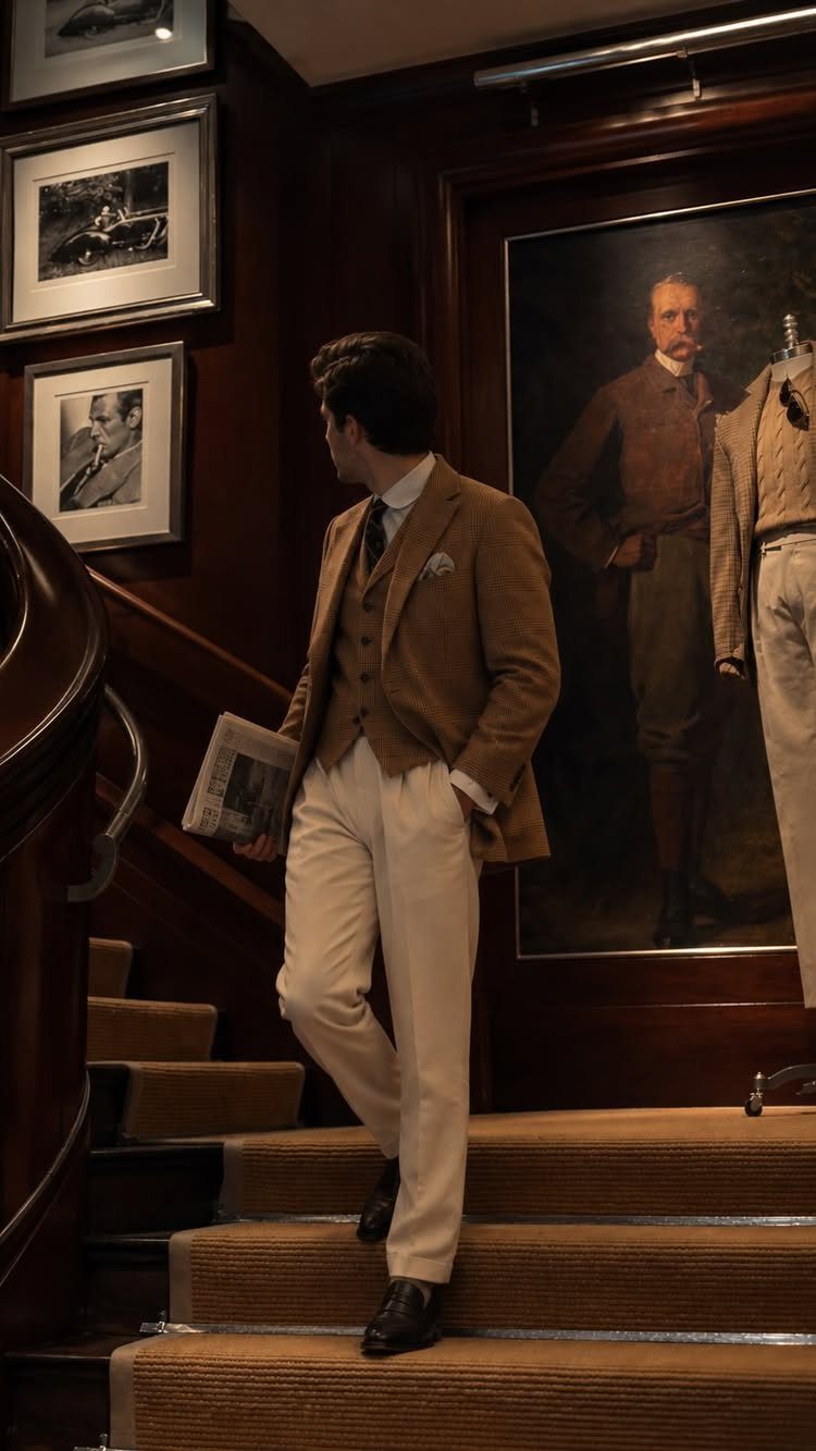 Man wearing a brown tweed blazer and waistcoat with white trousers walking down stairs.