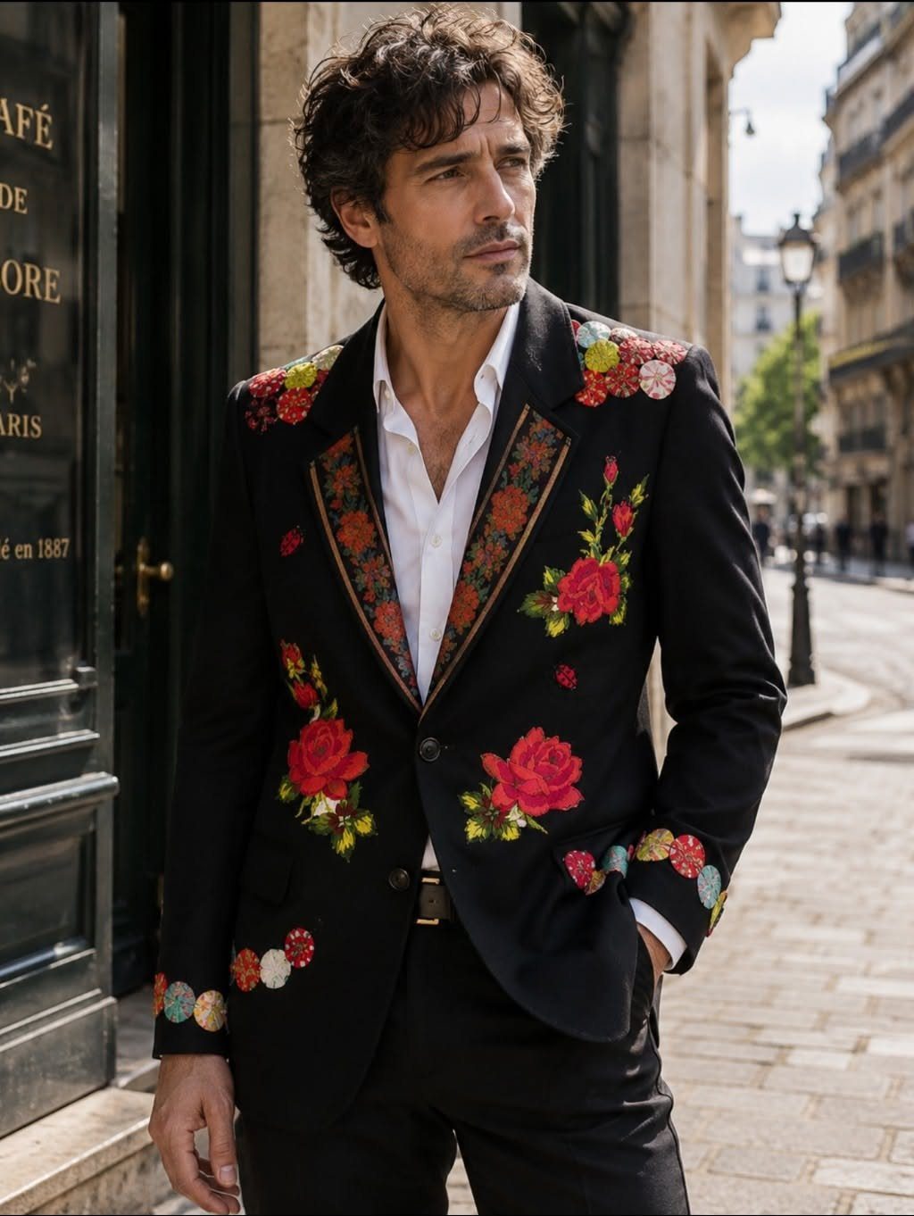 Man wearing a black blazer decorated with colorful floral embroidery standing on a city street.