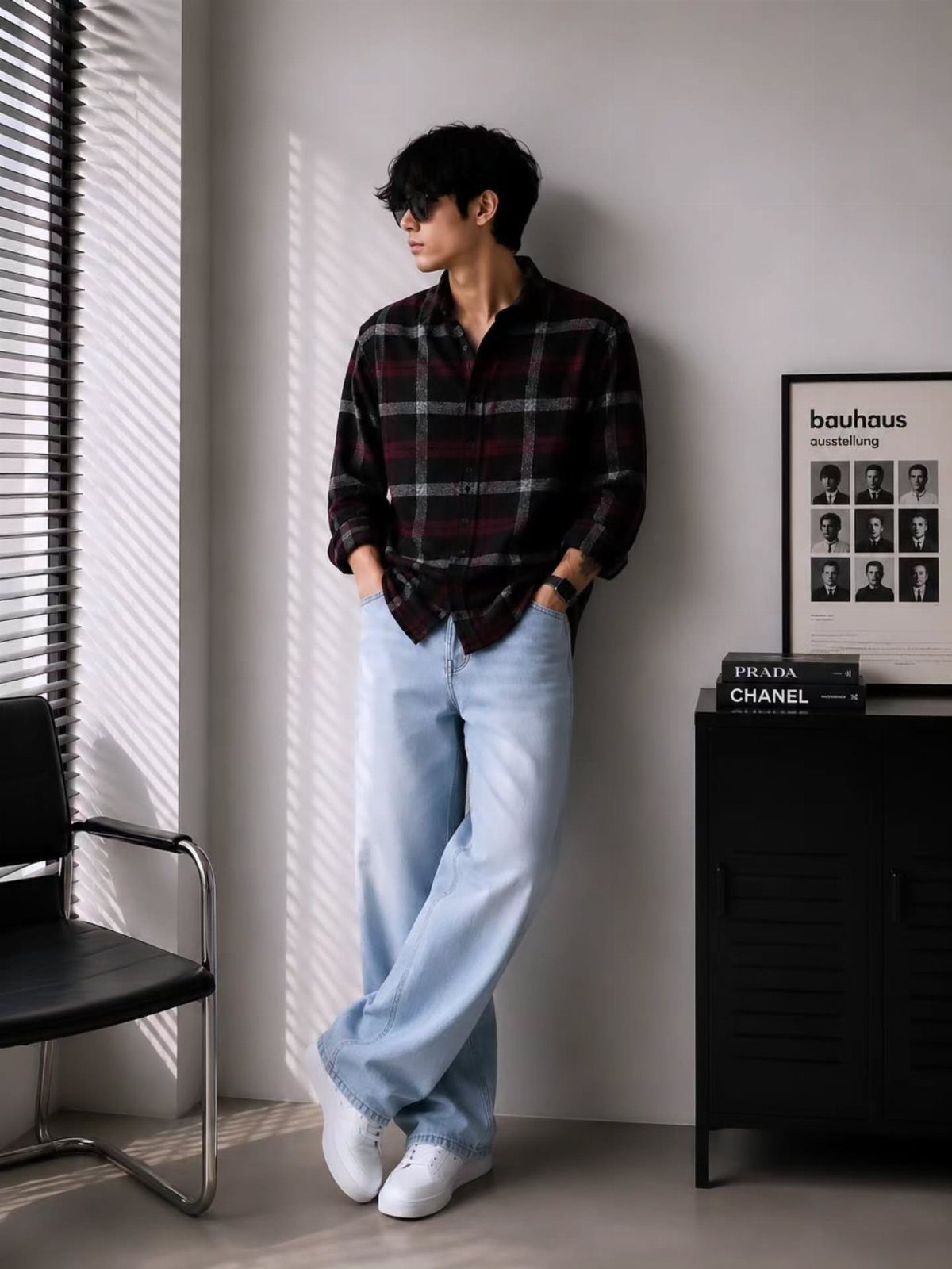 Man in a dark plaid shirt and light blue wide-leg trousers leaning against a wall.