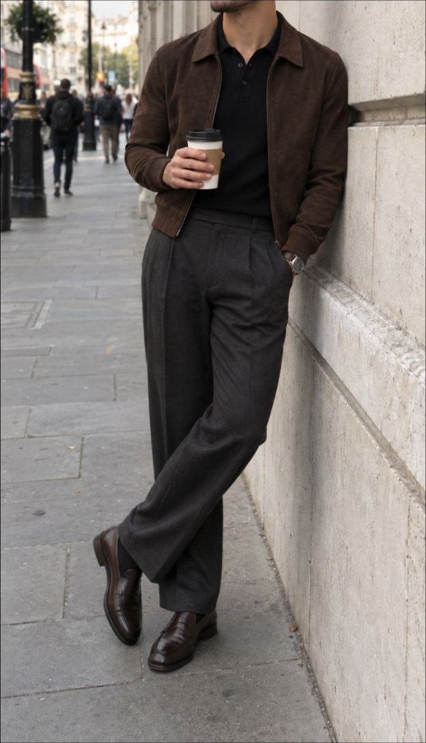 Man in a brown suede jacket, black polo, grey trousers, and brown loafers leaning against a wall.