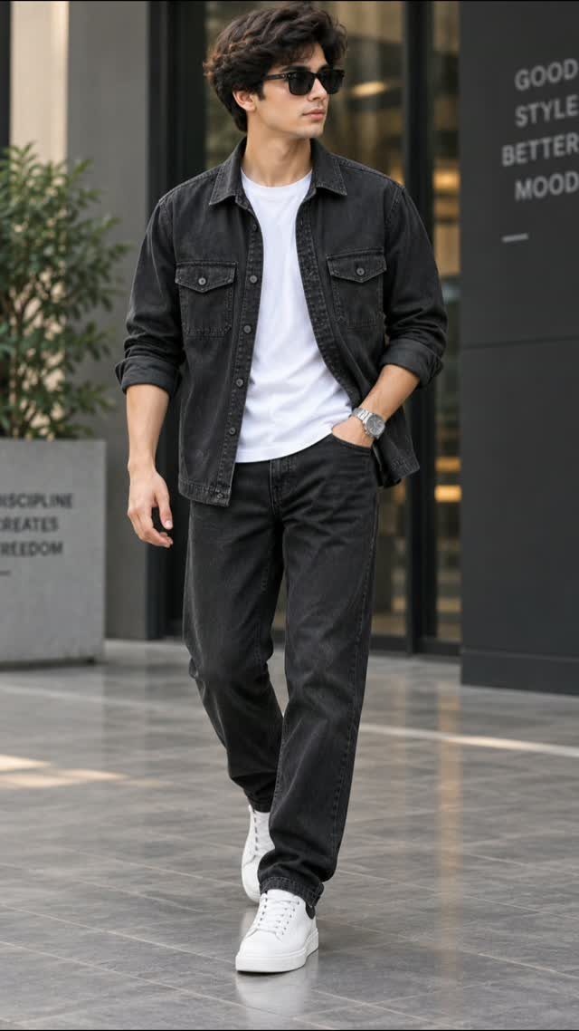 Man in black denim jacket, white t-shirt, black jeans, and white sneakers walking outdoors.
