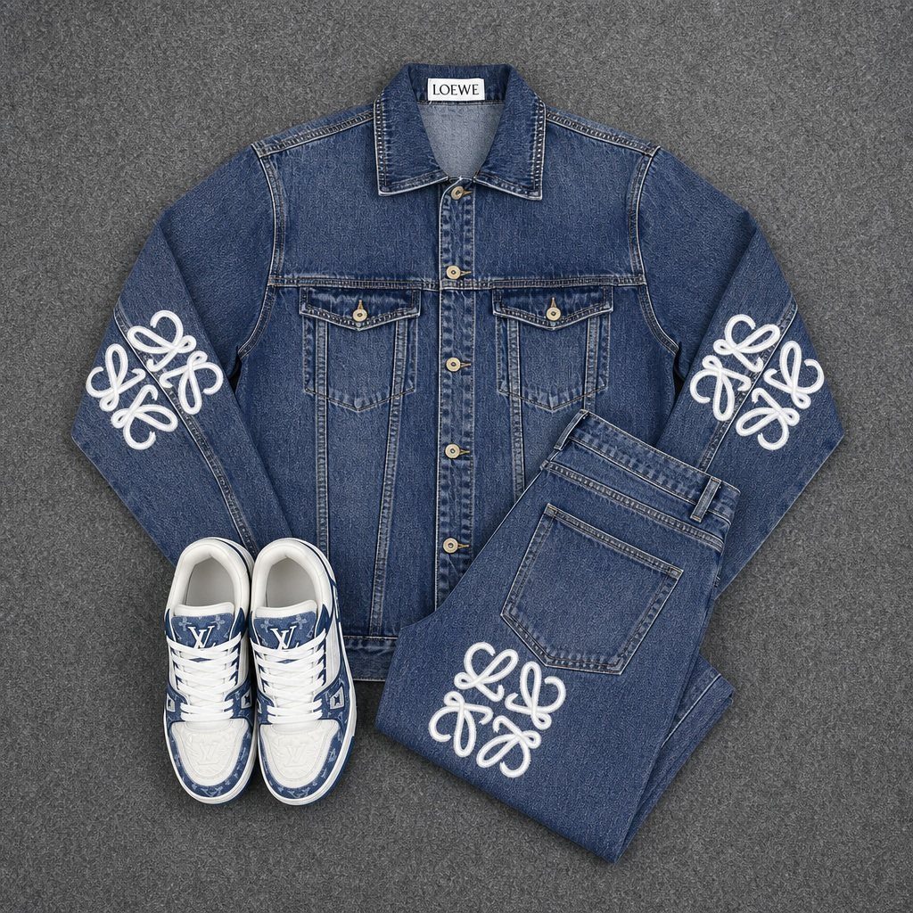 Blue denim jacket and pants with white embroidery paired with white leather sneakers on grey background.
