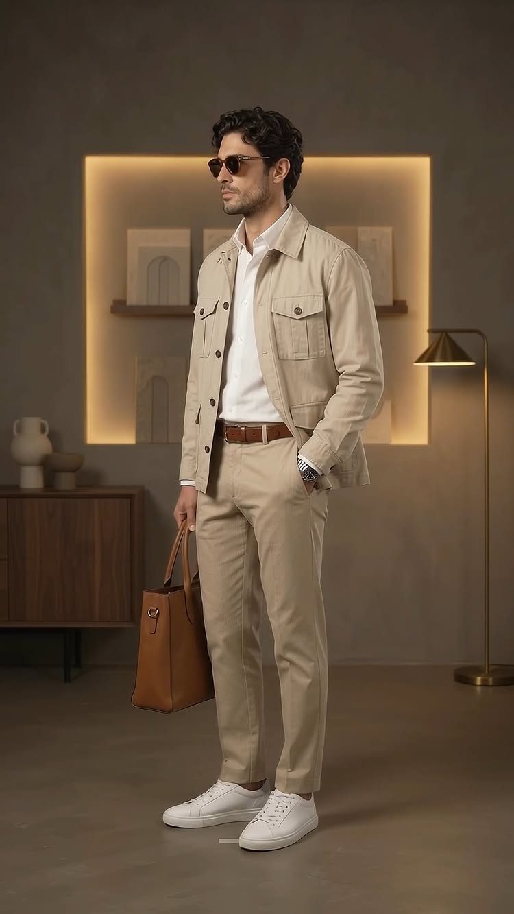 Man in beige tailored pants, jacket, and white sneakers standing in a modern room.